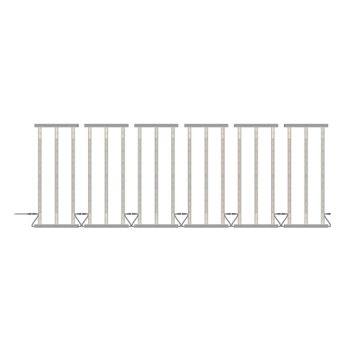 Koray RX-ARZ DC shelf-array module on a white background: thin linear multi-segment LED array fixture with condensing lenses at both ends