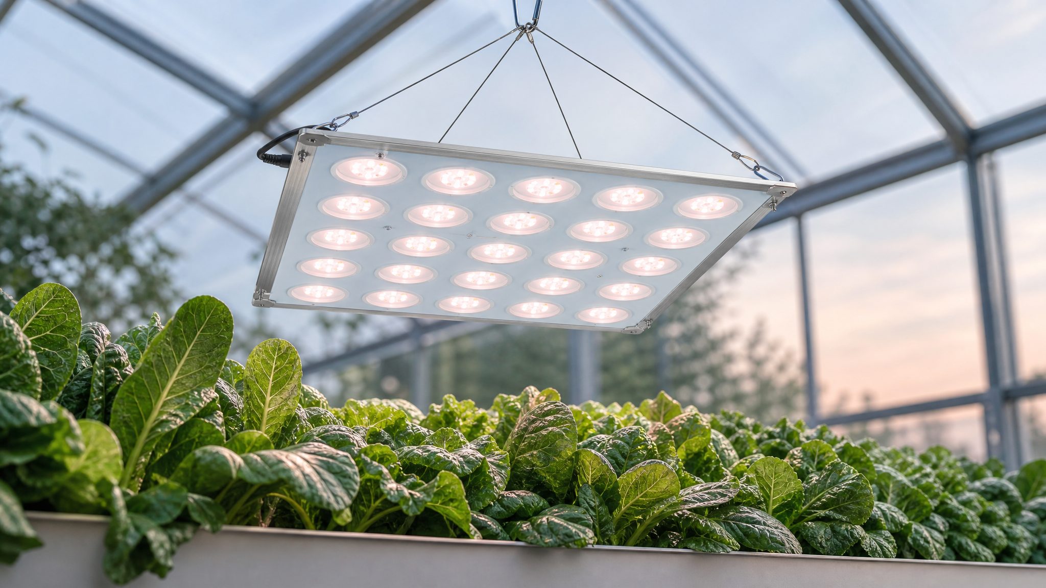 RX-G1000C 100 W reflective-cup quantum module above a low leafy-green bench in a glass greenhouse