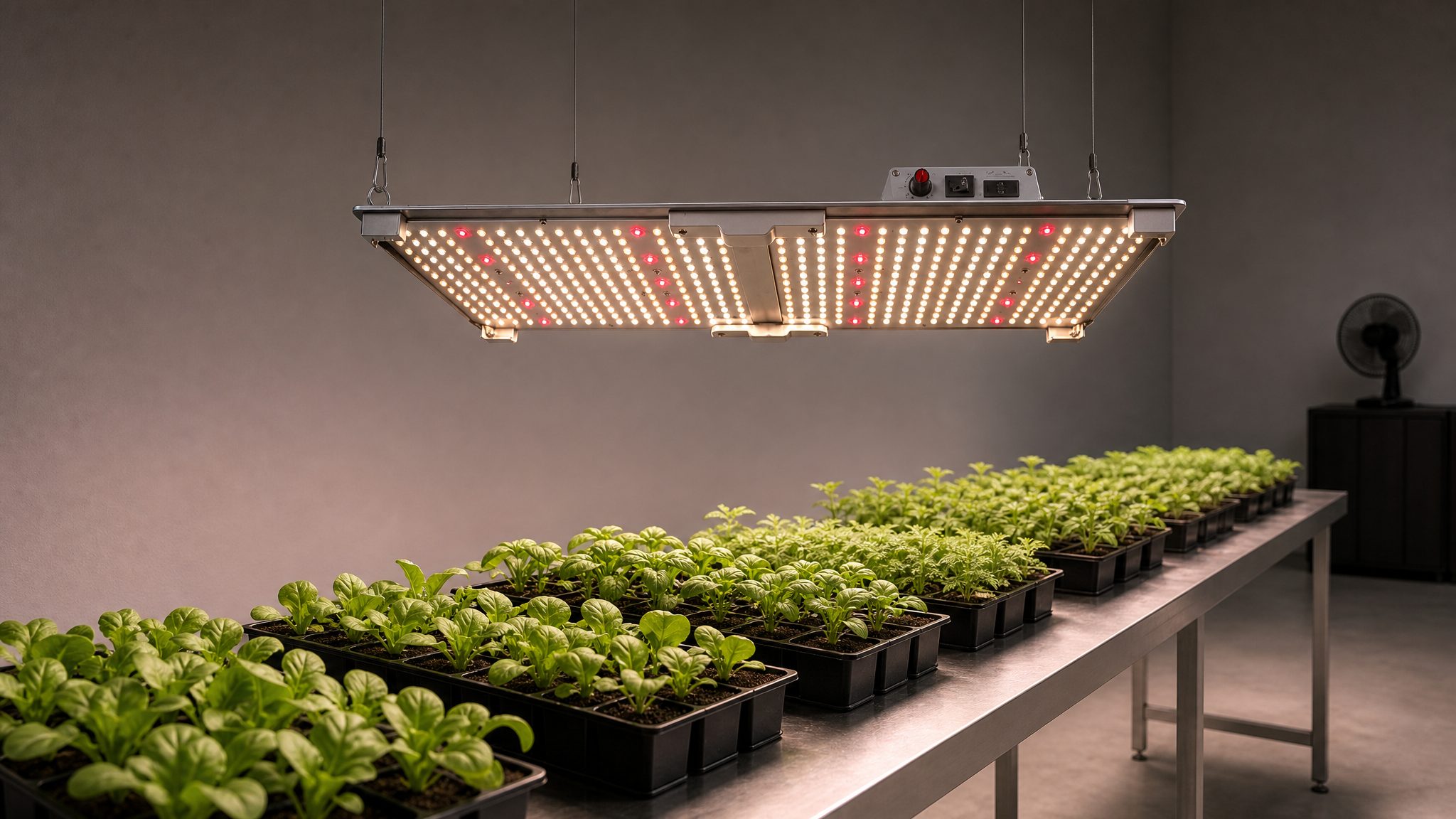 RX-G2000L 215 W quantum board above a vegetative seedling bench in an indoor propagation room