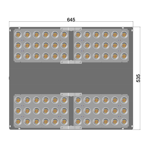 Koray G480C 480 W dimmable horticultural LED module on a white background: a single rectangular LED module with an integrated reflector cup and a central MeanWell driver