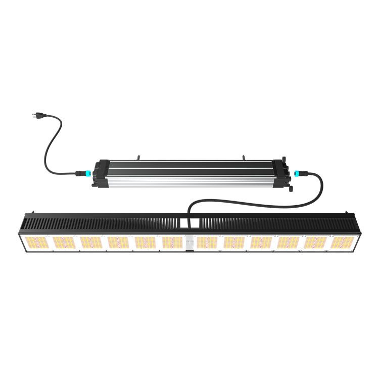 Koray RX-G650 tunable-spectrum greenhouse toplight on a white background: a 1176 mm linear bar with black heatsink fins and end caps beside its integrated driver