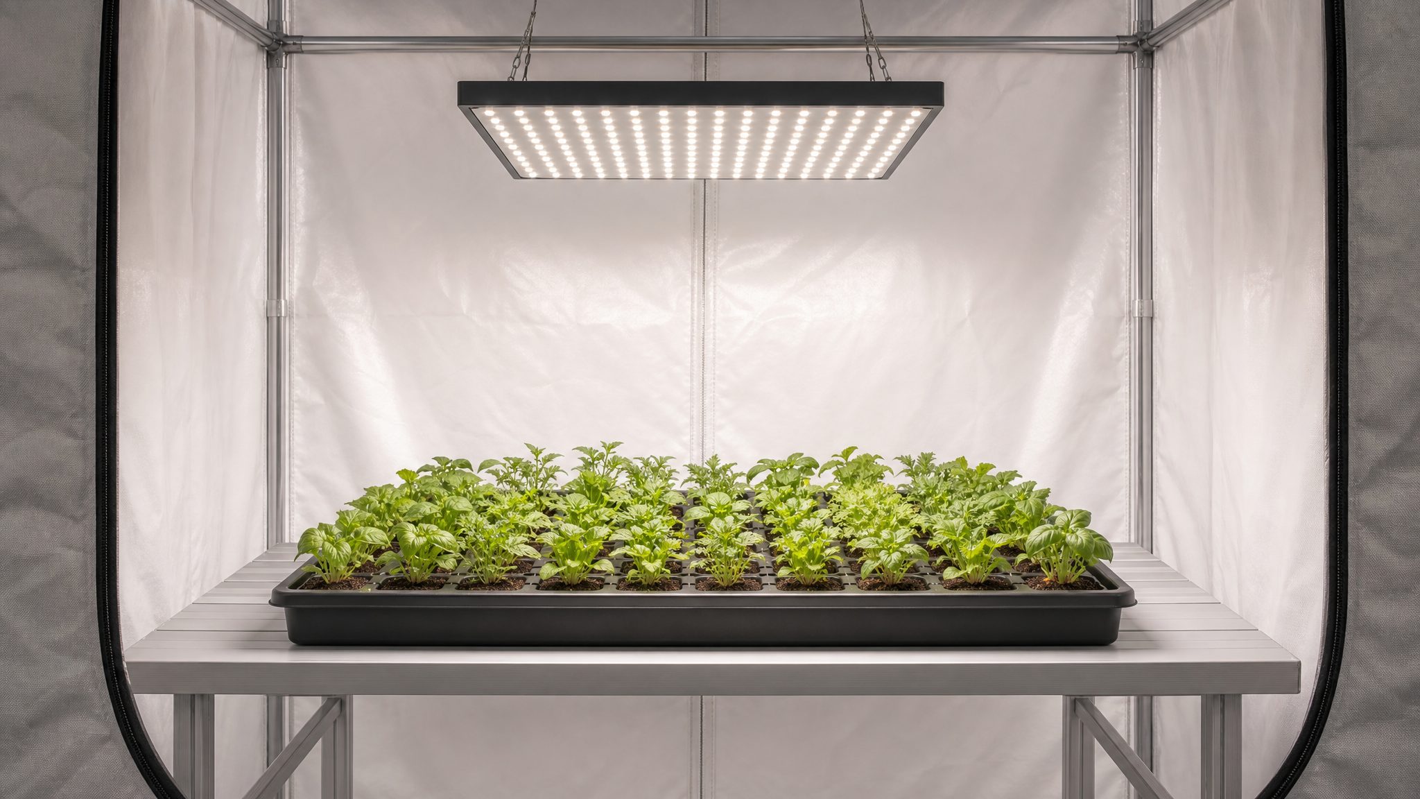 Three G1000H 100 W quantum boards on one shared dimming link above a compact 3 x 3 ft propagation shelf and a 2 x 2 ft flowering tent in a small indoor grow room