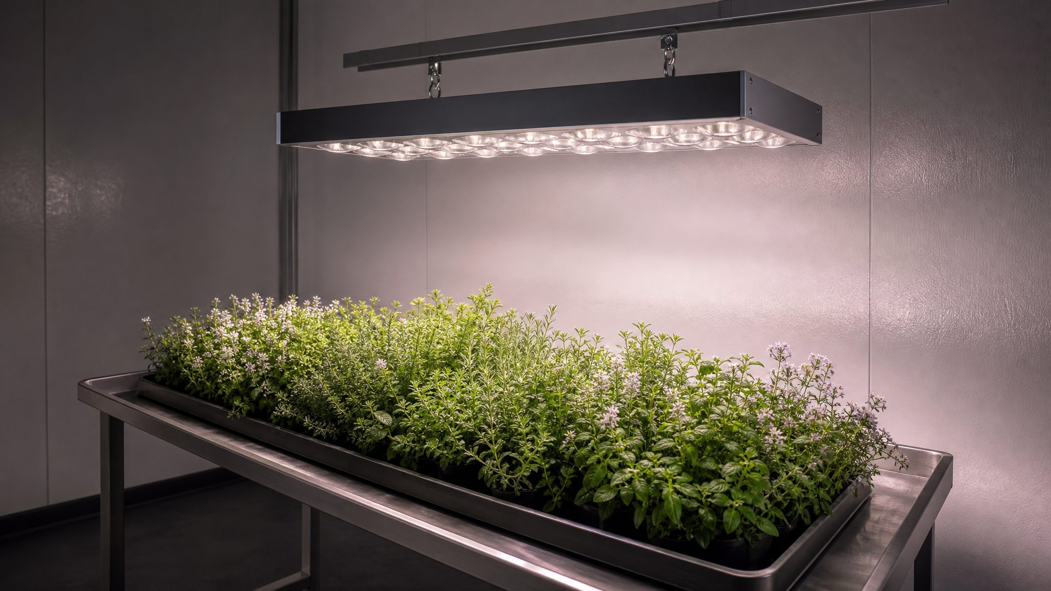 A single G480C 480 W dimmable module suspended from one hanging point above a 6 x 6 ft propagation tray of leafy medicinal herbs in a sealed indoor growing room