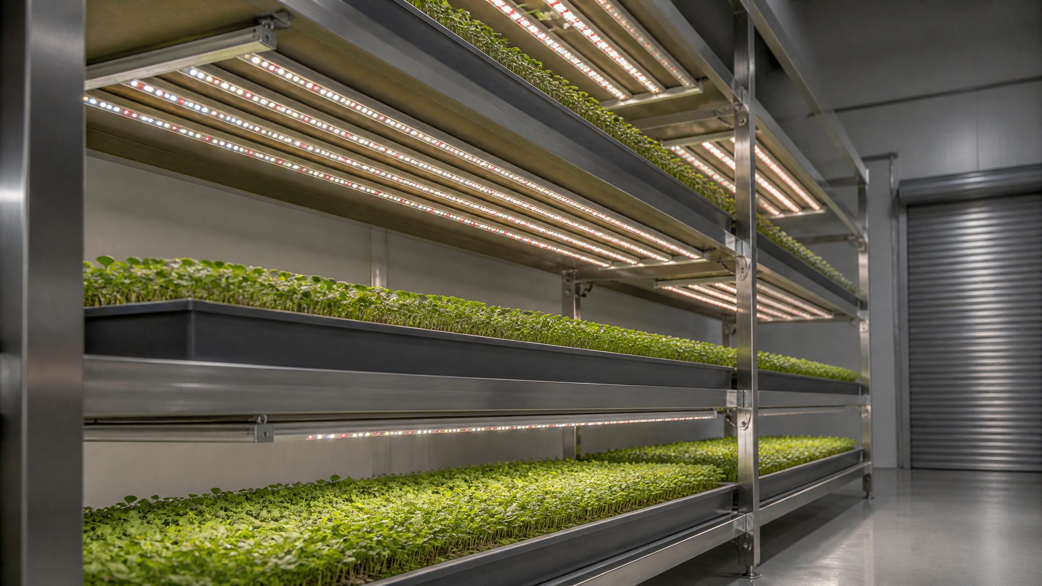 Low-angle view down a four-tier indoor vertical-farm rack lit by thin RX-ARZ shelf-array modules over trays of microgreens and leafy greens