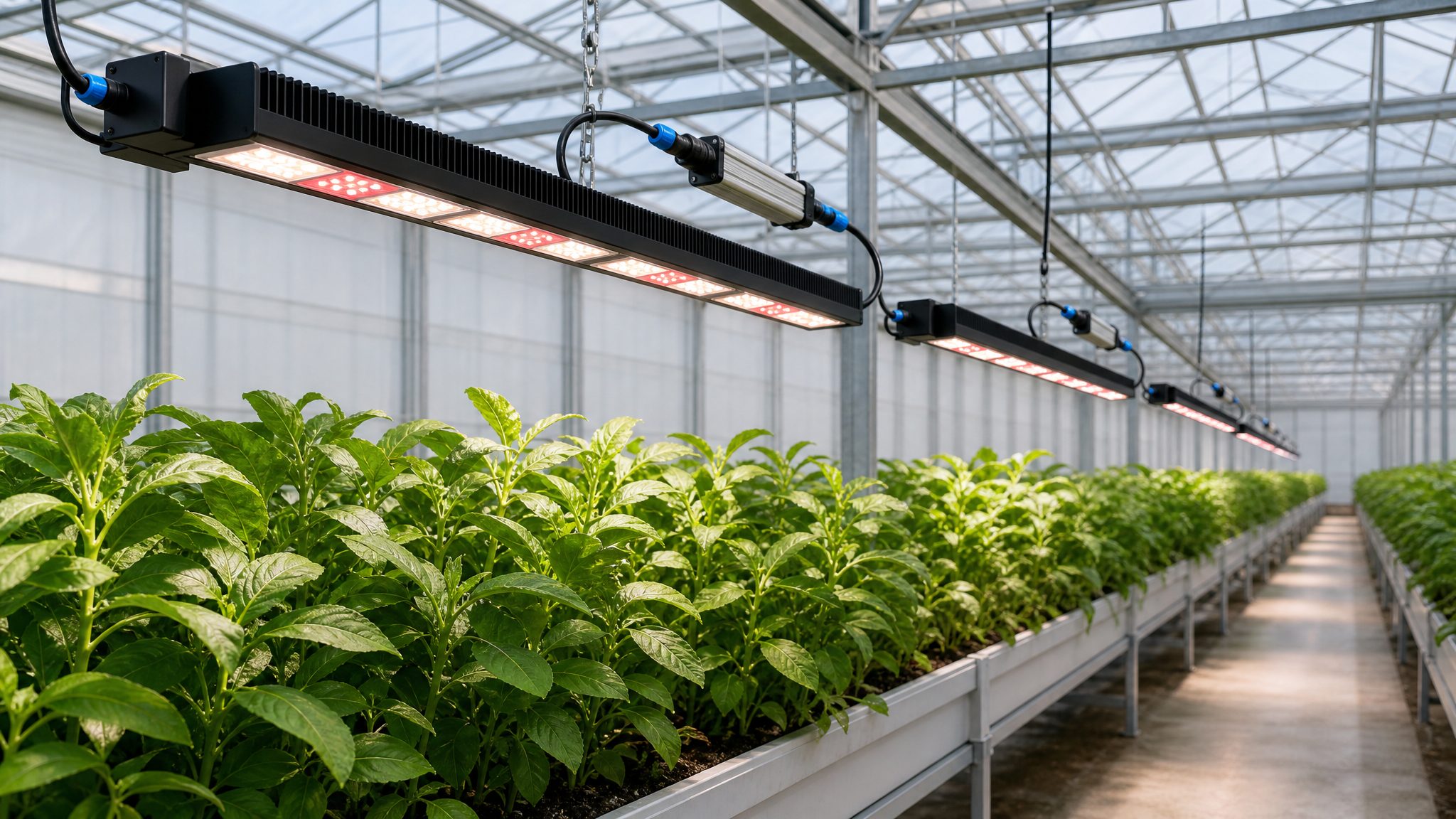 Several RX-G650 linear toplights hung in rows above greenhouse benches of leafy greens and medicinal herbs, with integrated drivers and RJ45 dimming cables visible along the rows