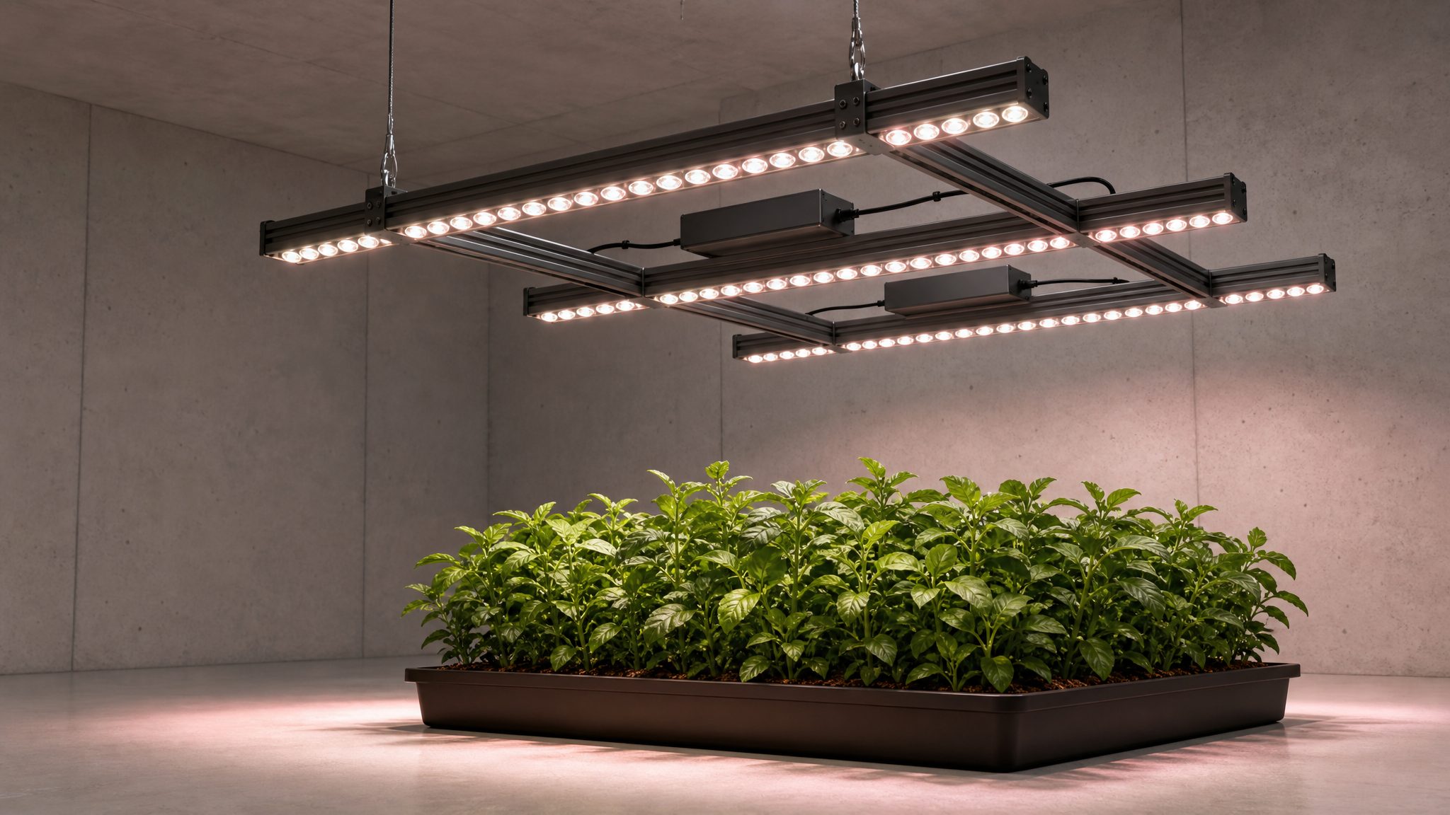 One RX-GW78-120Z-2H lens array suspended low over a 1 x 1.2 m tray of broad-leaf medicinal herbs in a sealed indoor growing room, forming a sharply bounded rectangular bright zone on the canopy